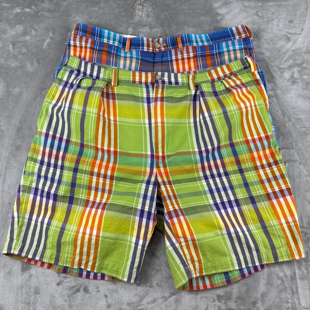 Polo Ralph Lauren Mens Tyler Short Plaid Madras Pleated Cotton Green Blue 42